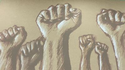 Charcoal and chalk sketch of fists raised in solidarity - image by J. Rosenbaum. Photo of projected image.