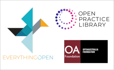 Logos for EverythingOpen - a tangram flying bird, Open PracticeLibrary - a pink and purple swirl of dots, OpenAustralia Foundation - Maroon, black and white, typographic design of the words.