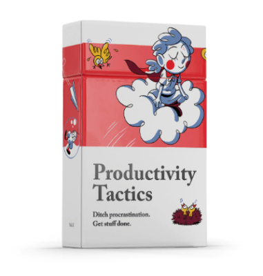 Productivity Tactics PIP Deck - a box filled with cards that says "Ditch Procrastination. Get stuff done."