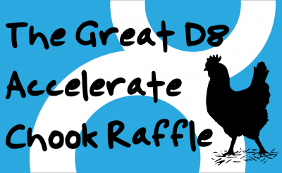 The Great D8 Accelerate Chook Raffle (a silly chicken silhouette and the Drupal 8 logo)