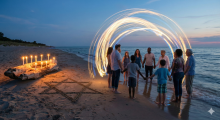 AI generated image. In twilight stands a diverse group of people in a circle holding hands. Some wear yarmulkes, some old, some young. Embraced by a large, swirling arch of gold and blue light. Beside them, a weathered chunk of driftwood holds up a cluster of white candles, casting a gentle glow on the Star of David drawn in the wet sand on the beach.