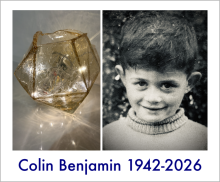 Colin Benjamin 1942-2026. Photo of Colin as a child, and a photo of an icosahedron shaped vase, illuminated from within with fairy lights.