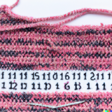 Pink and grey knitting interwoven with indistinct digits - Generated by Dall⸱e, prompted by me.