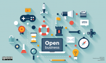 Open Business - Laptop surrounded by icons on a light teal background - lightbulb, envelope, compass, castle, flask, hourglass, rocket and others.